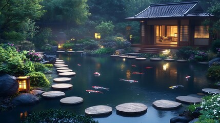 A serene garden featuring a koi pond, winding stepping stones, and a traditional Japanese tea house in the background.








