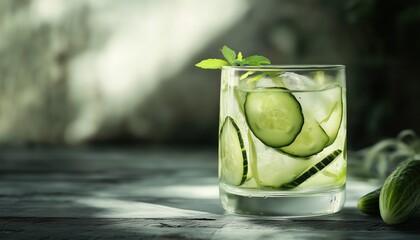 Fresh Cucumber Juice Served In A Glass On A Grey Wooden Table In A Refreshing Setting. A Healthy And Hydrating Drink Option.
