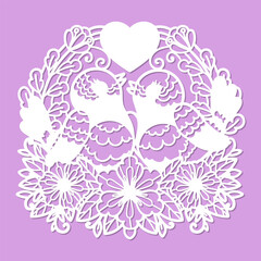 A pair of birds among flowers and branches. Template for laser cutting from paper, wood, cardboard, metal, etc. For designing wedding cards, interior decorations, stickers, stencils, silkscreen printi
