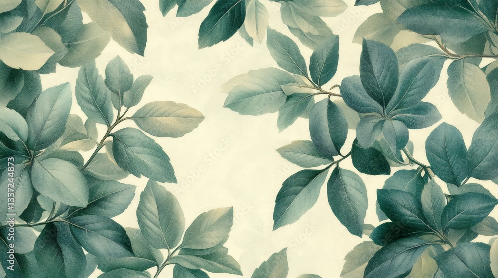 Poster green leaves creating elegant frame on light yellow background