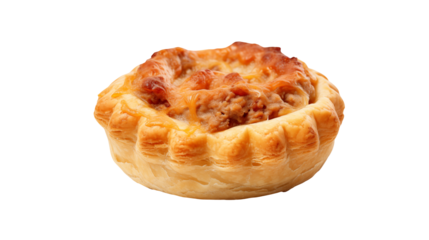 Close up shot of a golden brown meat pie with a flaky crust isolated on a black backgroundisolated on transparent background	
