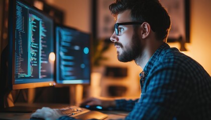 Young Man Concentrating On Computer Work, Focused On Learning And Improving Skills In Side Profile View. A Portrait Of Dedication And Growth.