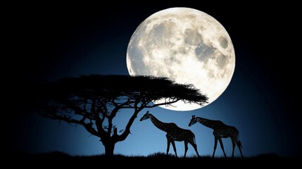 Two giraffes silhouetted against a giant moon and acacia tree at night