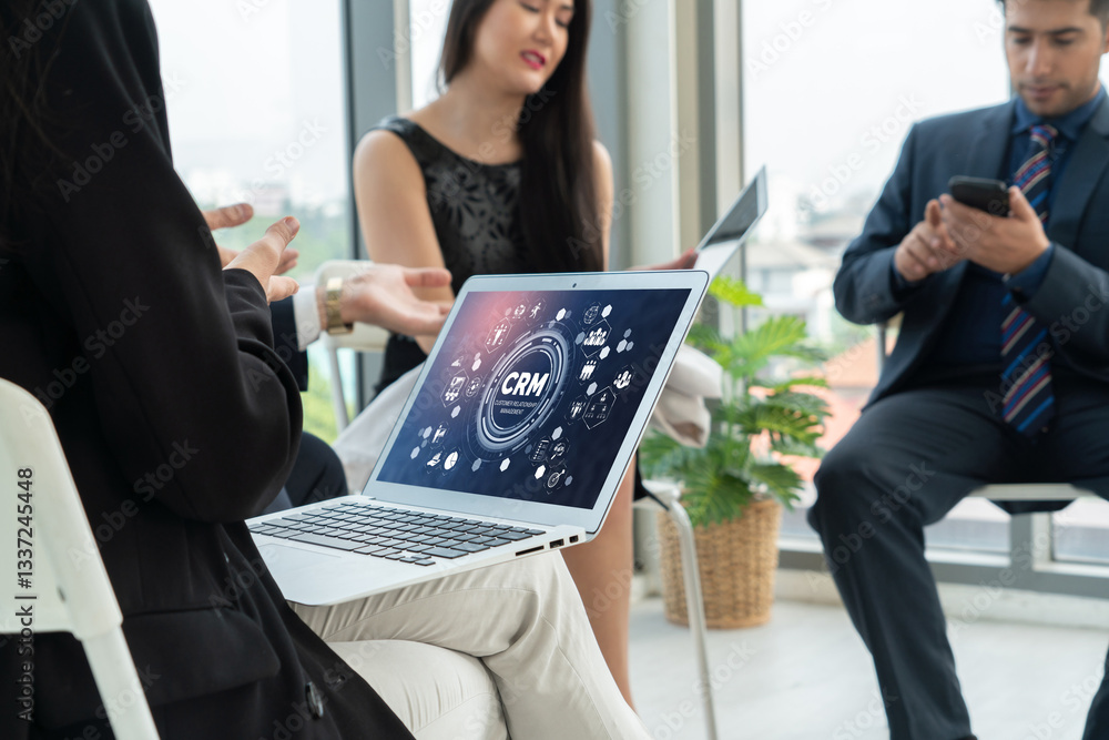 Poster customer relationship management system on modish computer for crm business and enterprise