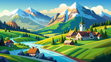 Beautiful Alps landscape with village, green fields, mountain river at sunny day. Swiss mountains at the background