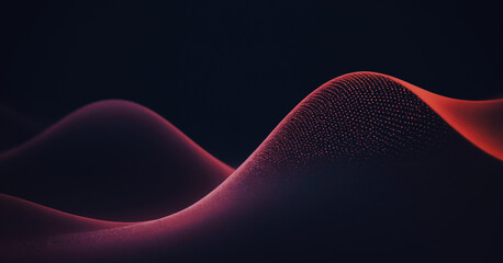 Abstract digital art piece depicting undulating red hills against a dark background, textured with tiny dots. Premium illustration of modern technology waves with cinematic colors.