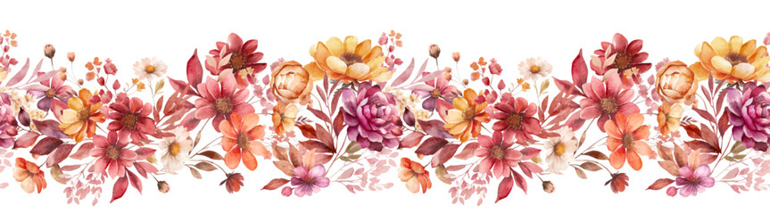 vintage ethnic floral border pattern, orange and pink leaves wildflower arrangement, autumn flowers, warm colours romantic botanical frame, seamless horizontal border in warm Earthy tones. 