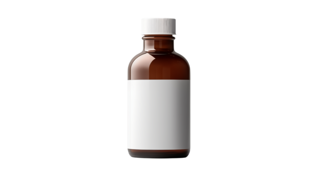 Close up of a brown glass bottle with a white cap and label against a black background studio shotisolated on transparent background	