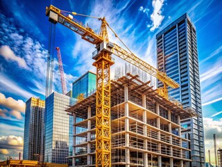 Panoramic View of Tower Crane on Skyscraper Construction Site