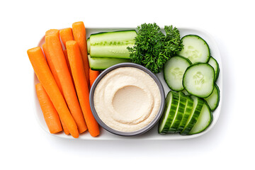 Healthy snack plate with carrot sticks, hummus, and sliced cucumbers, isolated on white background