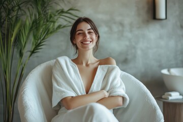 Happy woman enjoys relaxation in a modern spa salon with minimalist design and soothing ambiance
