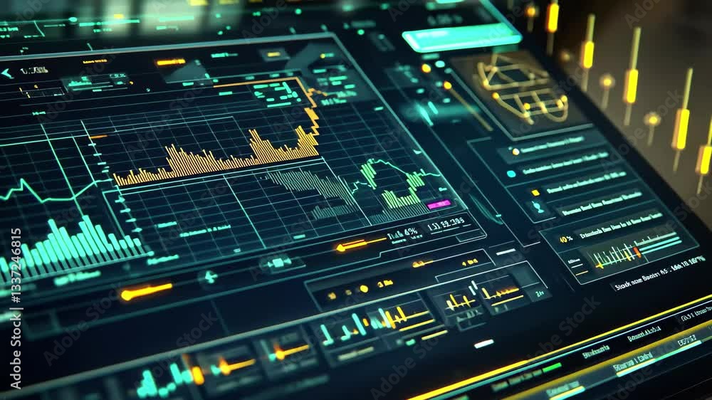 Poster futuristic data analysis interface with visual graphs and metrics displayed on a digital screen, fut