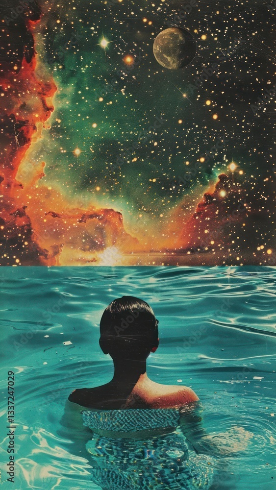 Wall mural swimming in the pool galaxy water night.
