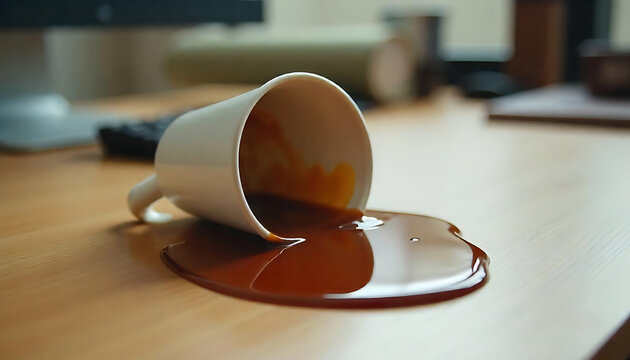 Realistic Fake Spilled Coffee Prank on Office Desk, April Fools day concept, 1st april prank concept, created with generative ai