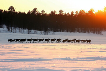 Naklejka premium A line of reindeer walking across a snow covered field with a dark forest in the background at sunset
