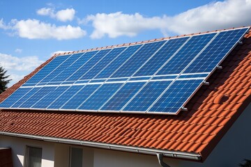 Naklejka premium Solar panels enhance energy efficiency on a modern house roof in sunny weather