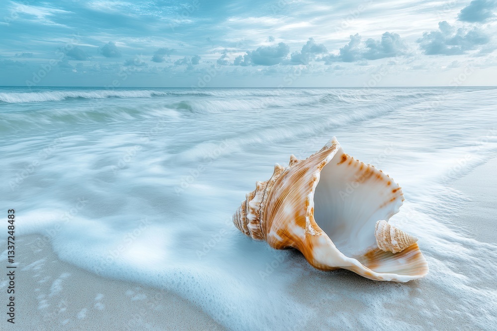 Aufkleber surreal conch shell resting on a tranquil beach as waves gently lap the shore