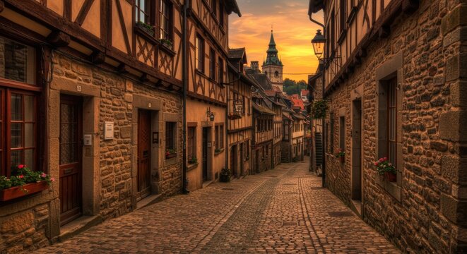 Fototapeta Streets of the ancient town at sunset
