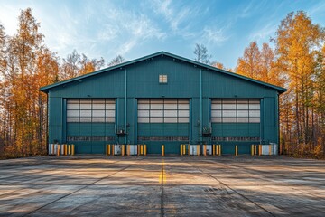 Fototapeta premium Warehouses in an industrial area surrounded by autumn foliage under a clear sky
