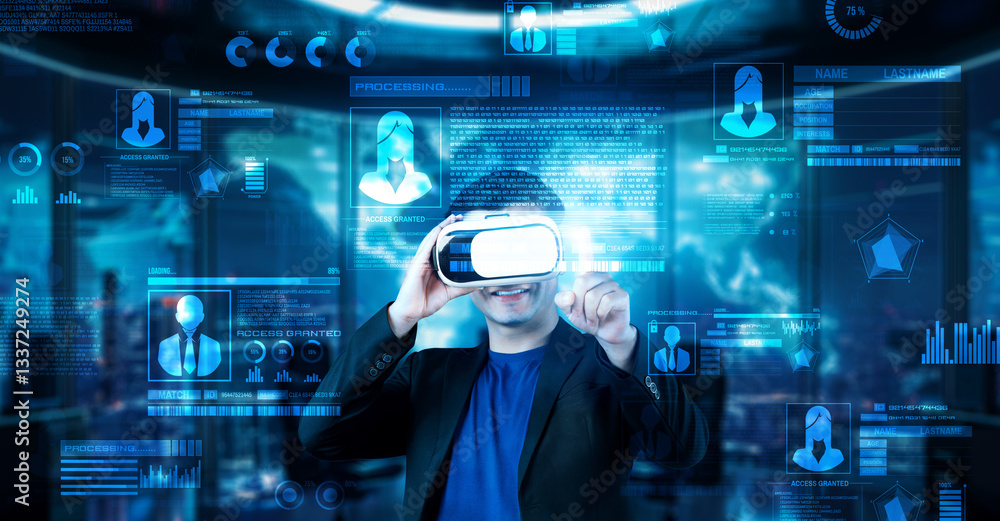 Poster project manager pointing security system hologram and standing at futuristic office with blue glowin