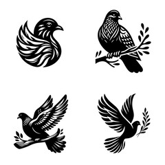 Fototapeta premium Set of Black and White Birds Vector Illustration with Eagle, Dove, Pigeon, Hawk, and Other Flying Birds