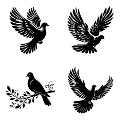 Obraz premium Flying doves and pigeons in different dynamic poses, symbolizing freedom, peace, and nature, perfect for wildlife illustrations, tattoos, and decorative artwork