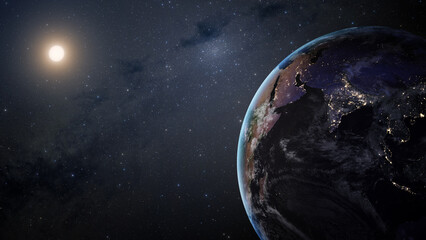 Panoramic view of the Earth, sun, star and galaxy. Sunrise over planet Earth, view from space. Elements of this image furnished by NASA