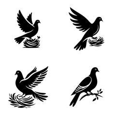 Fototapeta premium Beautiful collection of flying dove and pigeon silhouettes with intricate feather details, ideal for nature lovers, tattoo artists, and wildlife enthusiasts