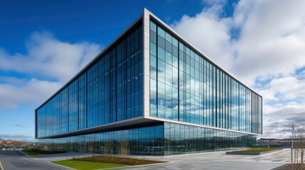 modern glass office building with a sleek design against a blue sky and clouds. The building is viewed from a low angle, giving it a towering presence.
