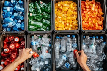 Volunteers sorting plastic bottles and caps for recycling in containers