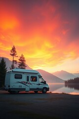 Majestic sunset glow over tranquil lake with campervan parked against vibrant sky