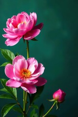 Obraz premium Bold peonies & lush leaves on deep teal backdrop, aged, art