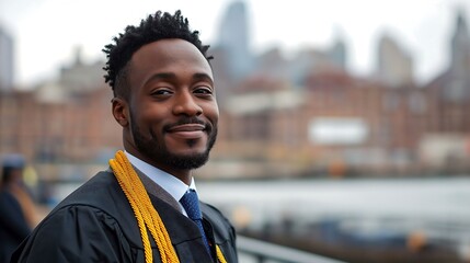 Waterfront graduation celebration with skyline backdrop