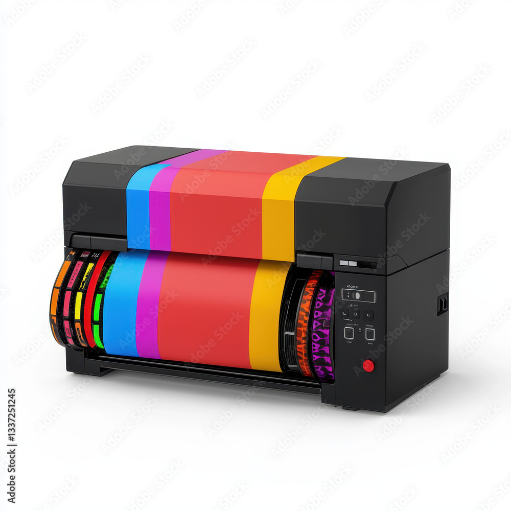Aufkleber a compact printer with multi-colored film on a simple surface with generous copy space for text and 