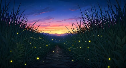 Fireflies glowing in the underbrush as the sunset colors fade into twilight, AI Generated
