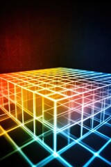 Obraz premium Colorful neon grid cube with glowing abstract geometric patterns