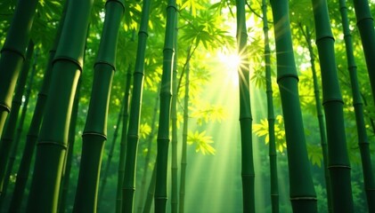 Dense bamboo stalks, dappled sunlight filters through leaves, serene, china