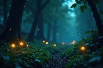 Glowing fireflies dance amidst lush, dark foliage , spectacular, stunning, nature photography