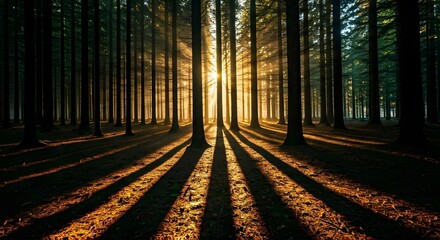 Obraz premium Sunbeams piercing through the trees, casting long golden shadows on the forest floor, Ai Generated