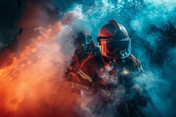 Two firefighters wearing protective gear advancing through smoke and flames