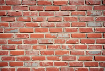 Obraz premium Rough, aged red brick wall with chipped mortar, grunge texture, design, distressed brick