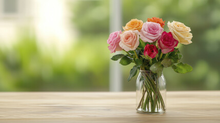 beautiful bouquet of colorful roses in glass vase on wooden table, creating serene and cheerful atmosphere