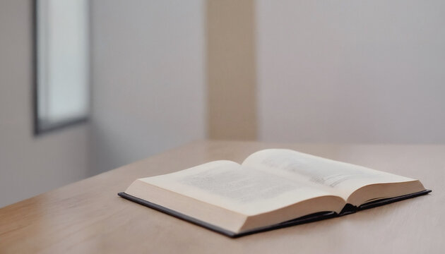 Partially open book lies on a light-colored wooden table in a quiet room. Premium photos with modern themes with elegant and luxurious pop colors. - Powered by Adobe