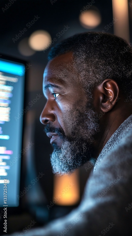 Poster focused programmer working late at a tech company office