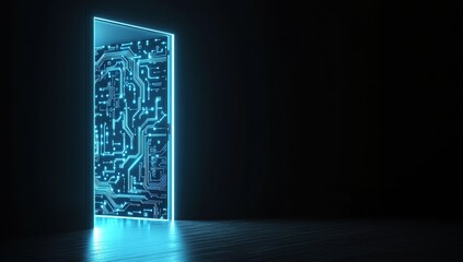 An open door with glowing blue circuit patterns on the wall,