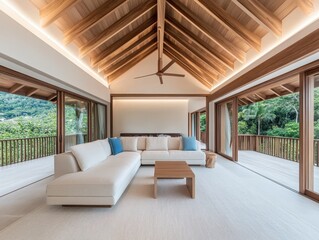 Modern living room with wooden beams and large windows overlooking lush greenery