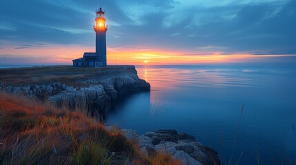 Scenic Lighthouse on a Rocky Cliff Overlooking the Ocean at Sunset
