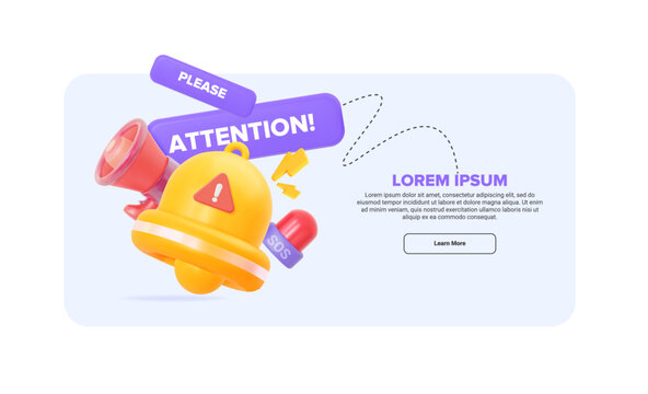 3D template with a bell, megaphone, SOS sign, and a Learn More button. Vector creative banner concept for emergency notifications, urgent messages, warnings, announcements and attention 