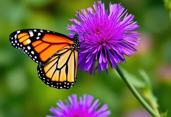 Naklejka premium A Monarch butterfly delicately perched on a vibrant purple wildflower, its wings partially open, macro, colorful