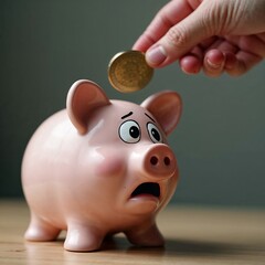 Dissatisfied piggy bank looks utterly shocked and surprised as a shiny coin is about to be dropped in with a copy space